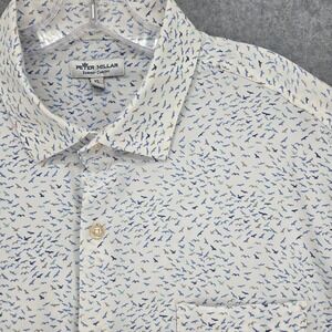 Peter Millar Summer Comfort Men XL Short Sleeve Button Shirt AOP Bird White Blue